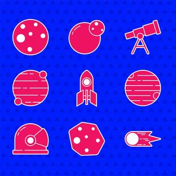 Set Rocket ship, Asteroid, Comet falling down fast, Planet, Astronaut helmet, Illustrazione stock