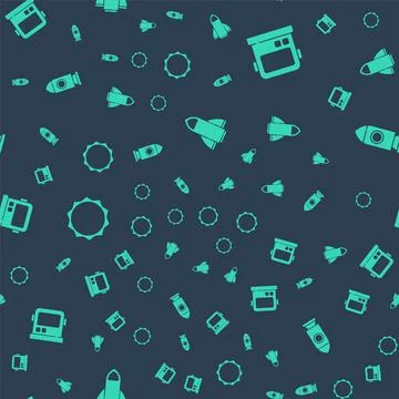 Set Rocket ship, Astronaut helmet, Sun and on seamless pattern. Vector Stock Illustration