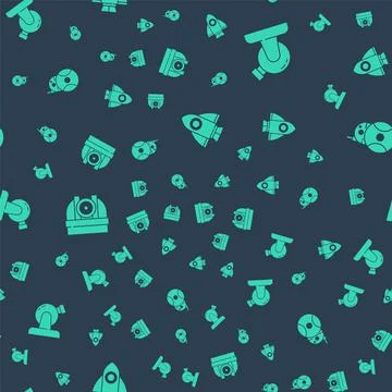 Set Rocket ship, Astronomical observatory, and Robot on seamless pattern. Vector Stock Illustration