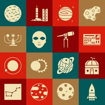 Set Rocket ship, Astronomical observatory, Futuristic hud interface, Planet Stock Illustration