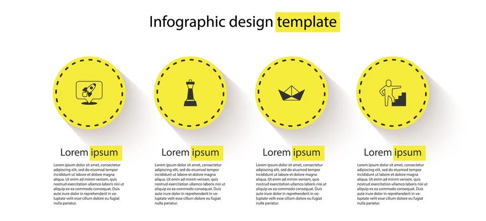 Set Rocket ship, Chess, Folded paper boat and Stair with finish flag. Business Stock Illustration