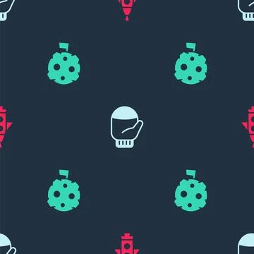 Set Rocket ship, Christmas mitten and Moon with flag on seamless pattern. Vector イラスト素材