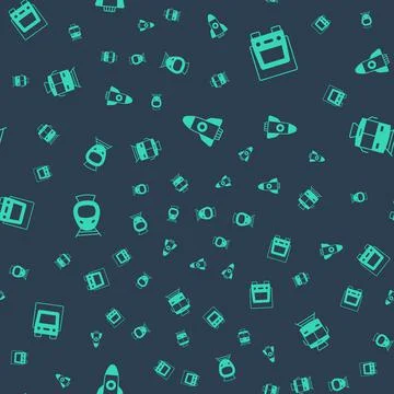 Set Rocket ship, Delivery cargo truck, Tram and railway and on seamless pattern Illustrazione stock