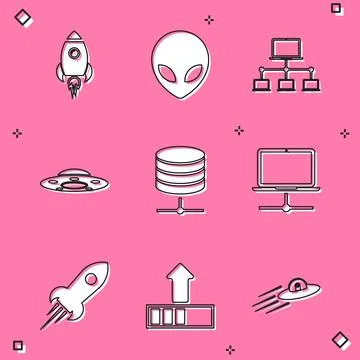 Set Rocket ship with fire, Alien, Computer network, UFO flying spaceship, Server Illustrazione stock