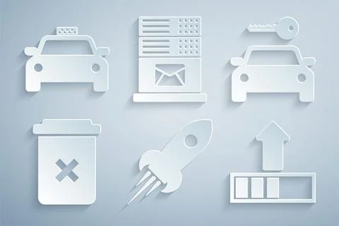 Set Rocket ship with fire, Car rental, Trash can, Loading, Mail server and .. Stock-Illustration