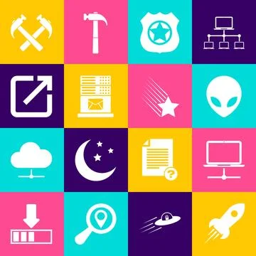 Set Rocket ship with fire, Computer network, Alien, Police badge, Mail serv.. Stock Illustration