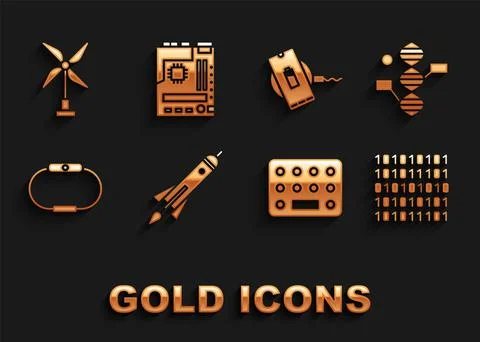 Set Rocket ship with fire, DNA symbol, Binary code, Pills blister pack Stock-Illustration