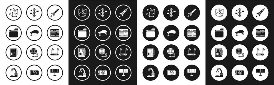 Set Rocket ship with fire, Electric car, Document folder, Neural network, Server Stock Illustration