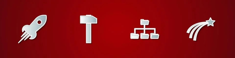 Set Rocket ship with fire, Hammer, Folder tree and Falling star icon. Vector Stock Illustration