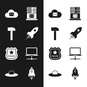 Set Rocket ship with fire, Hammer, Cloud mail server, Mail, Police badge an.. Illustrazione stock