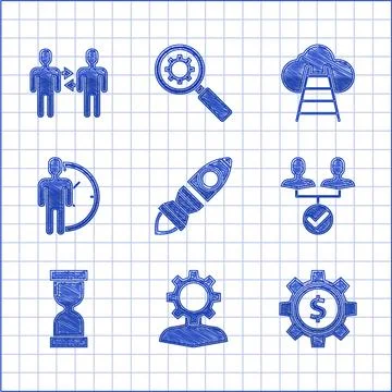 Set Rocket ship with fire Human gear inside Gear dollar symbol Project team b Stock Illustration