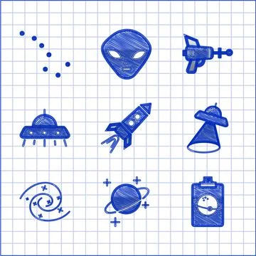 Set Rocket ship with fire, Planet, UFO flying spaceship, Black hole, Ray gun and Stock Illustration