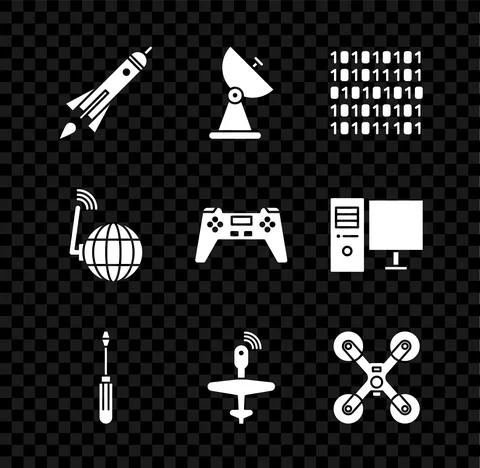 Set Rocket ship with fire, Radar, Binary code, Screwdriver, UAV Drone, flying Illustrazione stock