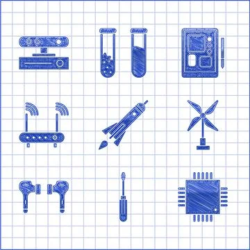 Set Rocket ship with fire, Screwdriver, Processor microcircuits CPU, Wind Stock-Illustration