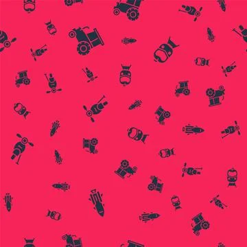 Set Rocket ship with fire, Tractor, Scooter and Train and railway on seamless イラスト素材