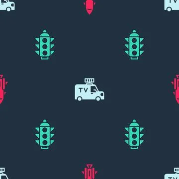Set Rocket ship with fire, TV News car and Traffic light on seamless pattern Stock Illustration