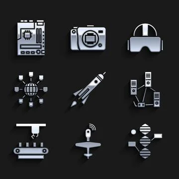 Set Rocket ship with fire, UAV Drone, DNA symbol, Computer network, Factory.. 스톡 일러스트