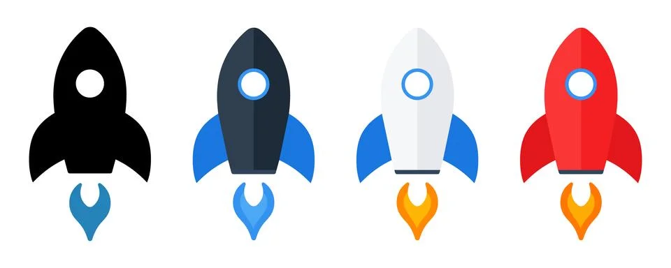 Set of rocket ship icons in different color variations including black, dark  Stock Illustration