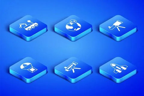 Set Rocket ship, Mars rover, Telescope, Box flying on parachute, Earth globe and Stock Illustration