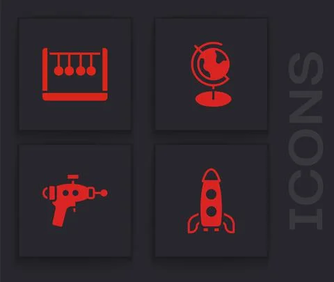 Set Rocket ship, Pendulum, Earth globe and Ray gun icon. Vector Stock Illustration