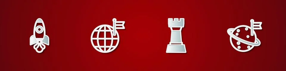 Set Rocket ship, Planet with flag, Chess and Moon icon. Vector Ilustração Stock