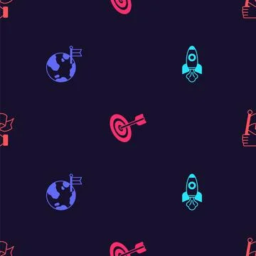 Set Rocket ship, Planet with flag, Target and Hand holding on seamless pattern Stock Illustration