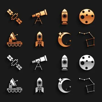 Set Rocket ship, Planet Mars, Great Bear constellation, Moon and stars, rover Ilustração Stock