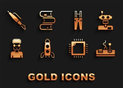 Set Rocket ship, Robot, Gamepad, Processor with CPU, Nerd geek, Pants suspenders Illustrazione stock
