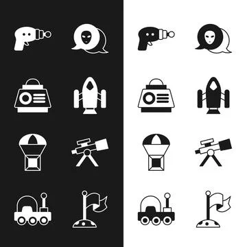 Set Rocket ship, Space capsule, Ray gun, Alien, Box flying on parachute イラスト素材
