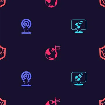 Set Rocket ship, Target with arrow, Planet flag and Shield on seamless pattern Stock Illustration