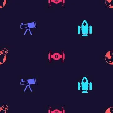 Set Rocket ship, Telescope, Cosmic and Earth globe on seamless pattern. Vecto Stock Illustration