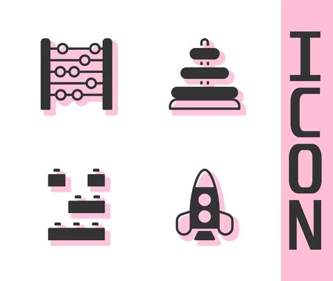 Set Rocket ship toy, Abacus, Toy building block bricks and Pyramid icon. Vector Ilustración de archivo