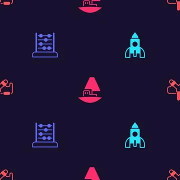 Set Rocket ship toy, Abacus, Toy boat and Slingshot on seamless pattern. Vector Stock Illustration