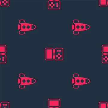 Set Rocket ship toy and Tetris electronic game on seamless pattern. Vector Stock Illustration