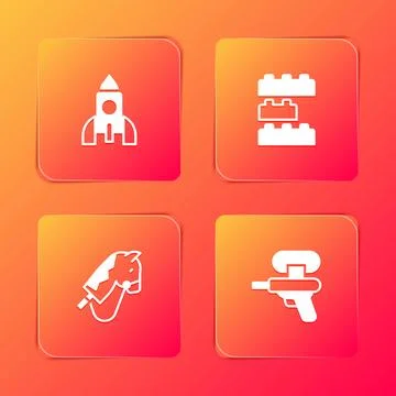 Set Rocket ship toy, Toy building block bricks, horse and Water gun icon. V.. Ilustración de archivo