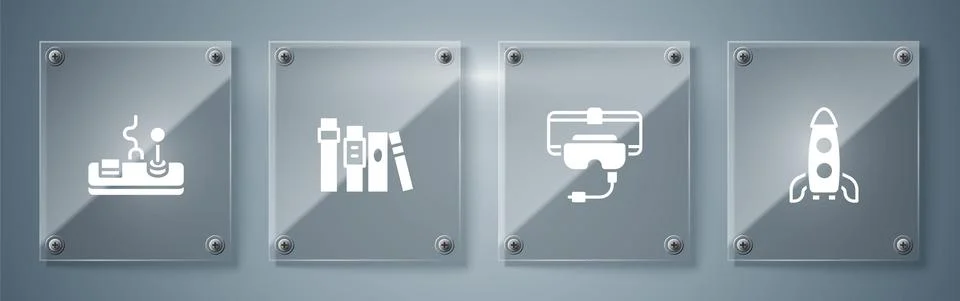 Set Rocket ship, Virtual reality glasses, Book and Gamepad. Square glass panels Stock Illustration