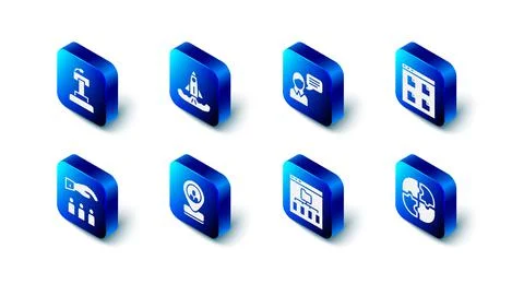 Set Rocket, Speech bubble chat, Browser files, Piece of puzzle, Worker location Stock Illustration