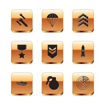 Set Rocket, Submarine, Hand grenade, Chevron, Military reward medal, rank, Radar Stock Illustration