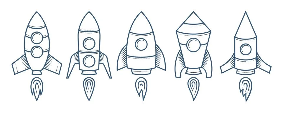 A set of rockets taking off with flames escaping from nozzles in drawing style Stock Illustration