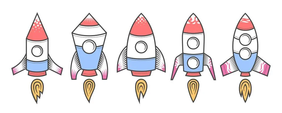 A set of rockets taking off with flames escaping from nozzles in drawing style Stock Illustration