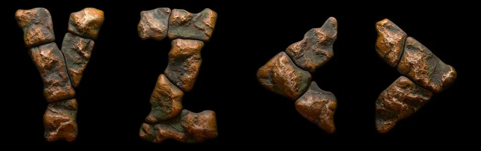 Set of rocky letters Y, Z, and symbol left, right angle bracket. Font of stone Ilustração Stock