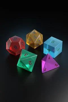 Set of roleplaying dice in the shape of platonic solids. 3d illustration. Stock Illustration