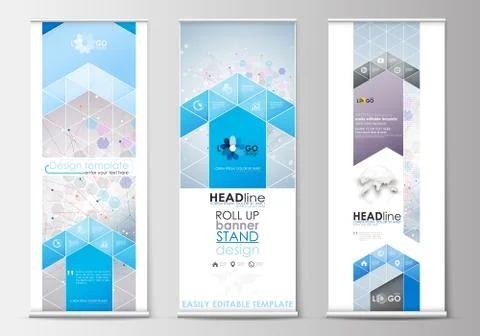 Set of roll up banner stands, flat design templates, abstract geometric style Stock Illustration