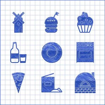 Set Roll bun with cinnamon, Flour pack, Brick stove, Oven, Slice of pizza, Glass Stock Illustration