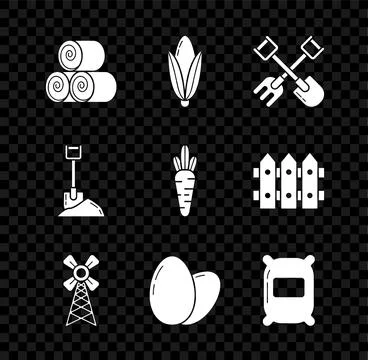 Set Roll of hay, Corn, Shovel and rake, Windmill, Chicken egg, Bag flour, the Stock Illustration