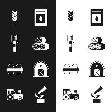 Set Roll of hay, Garden rake, Wheat, Pack full seeds plant, Chicken egg in box Stock Illustration