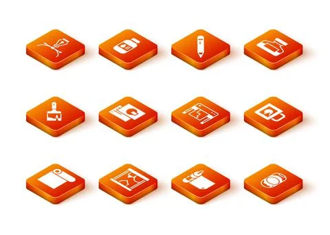 Set Roll of paper, 3D printer, Paint brush, Business card, Plotter, bucket and Illustrazione stock