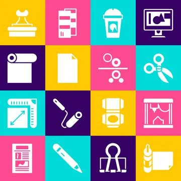 Set Roll of paper, 3D printer, Scissors, Coffee cup to go, Empty document, Stamp Stock Illustration