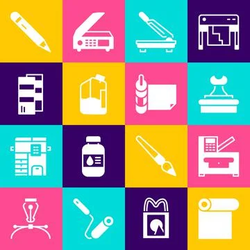 Set Roll of paper, Copy machine, Stamp, Paper cutter, Printer ink bottle Stock Illustration