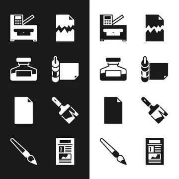Set Roll of paper, Ink bottle, Copy machine, Torn document, Empty, Paint brush Stock Illustration